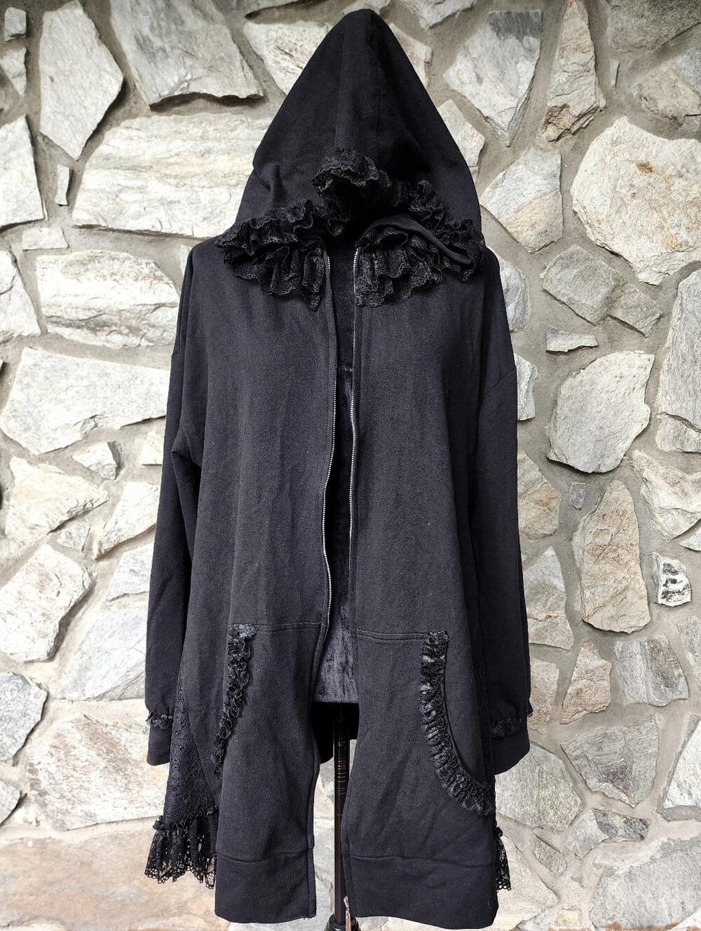 Foxblood New Lucy Long Black Hoody With Lace Details